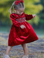 Christmas Velvet Smocked Girls Dress with Pearl Detail by Rylee Faith Designs