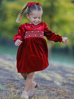 Christmas Velvet Smocked Girls Dress with Pearl Detail by Rylee Faith Designs