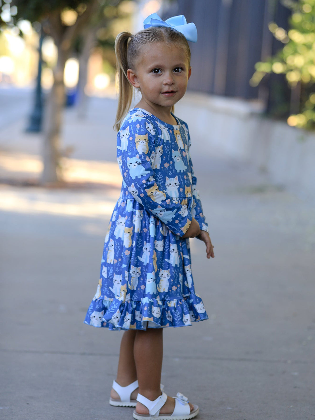 Fall Cat Print Long Sleeve Ruffle Dress by Rylee Faith Designs