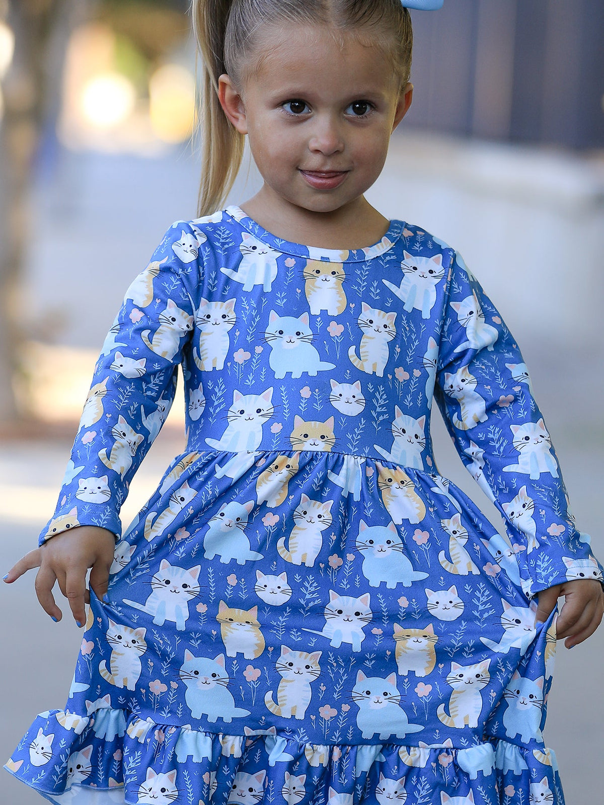 Fall Cat Print Long Sleeve Ruffle Dress by Rylee Faith Designs