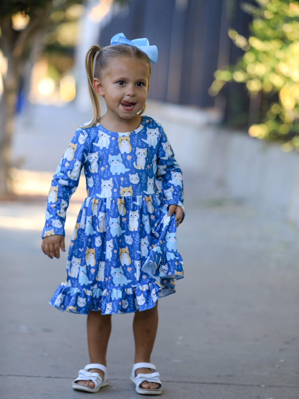 Fall Cat Print Long Sleeve Ruffle Dress