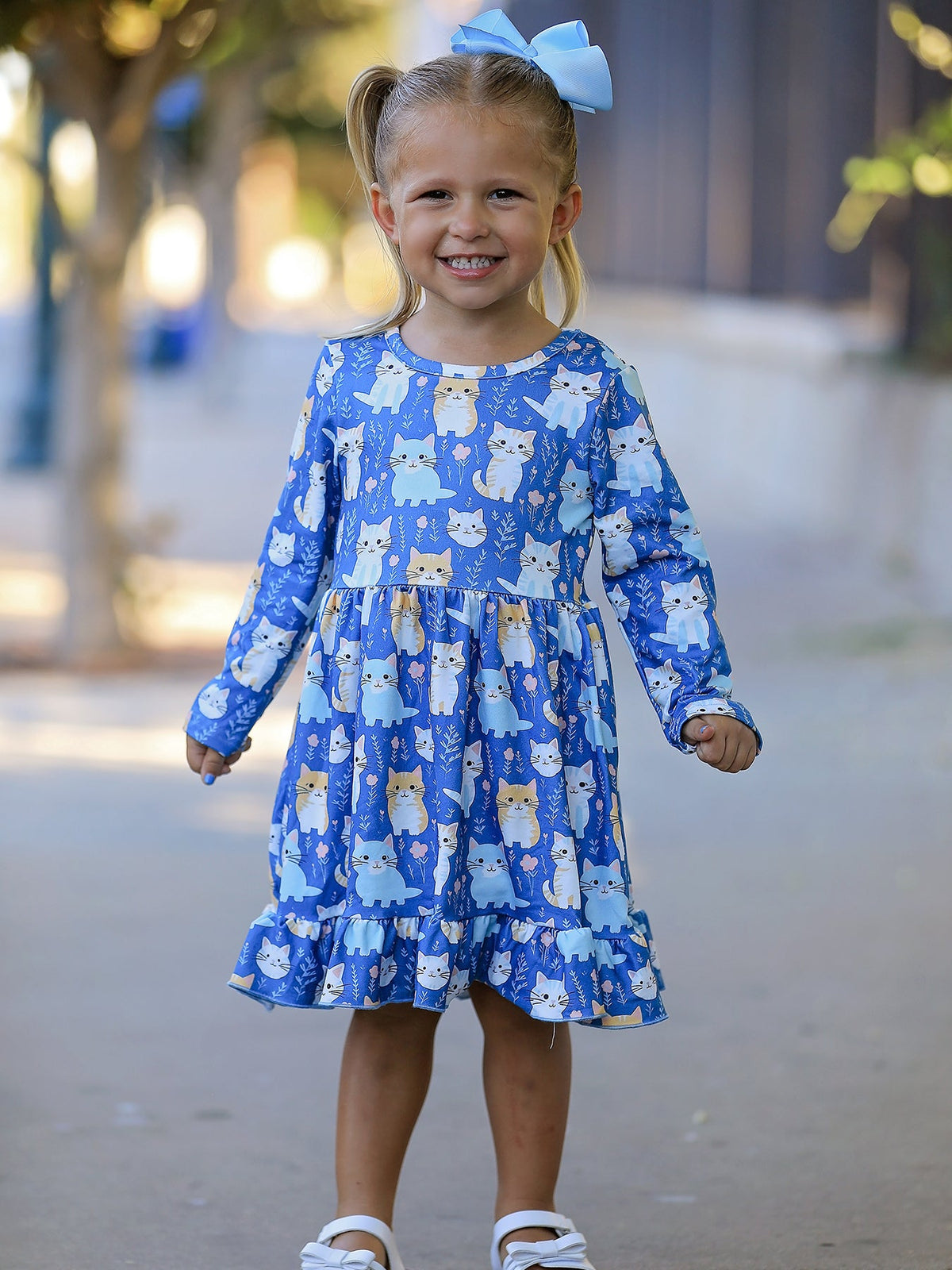 Fall Cat Print Long Sleeve Ruffle Dress by Rylee Faith Designs