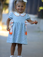 Cotton Girls Dress, Plaid, Smocked, Peter Pan Collar, Pumpkin Bow by Rylee Faith Designs