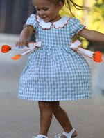 Cotton Girls Dress, Plaid, Smocked, Peter Pan Collar, Pumpkin Bow by Rylee Faith Designs