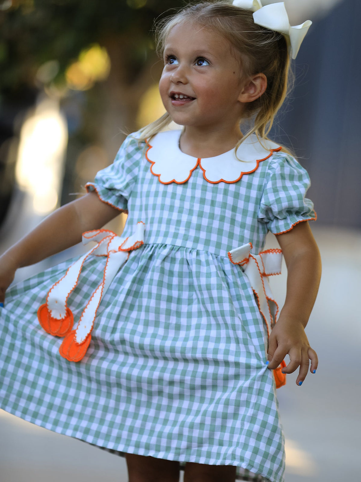 Cotton Girls Dress, Plaid, Smocked, Peter Pan Collar, Pumpkin Bow by Rylee Faith Designs