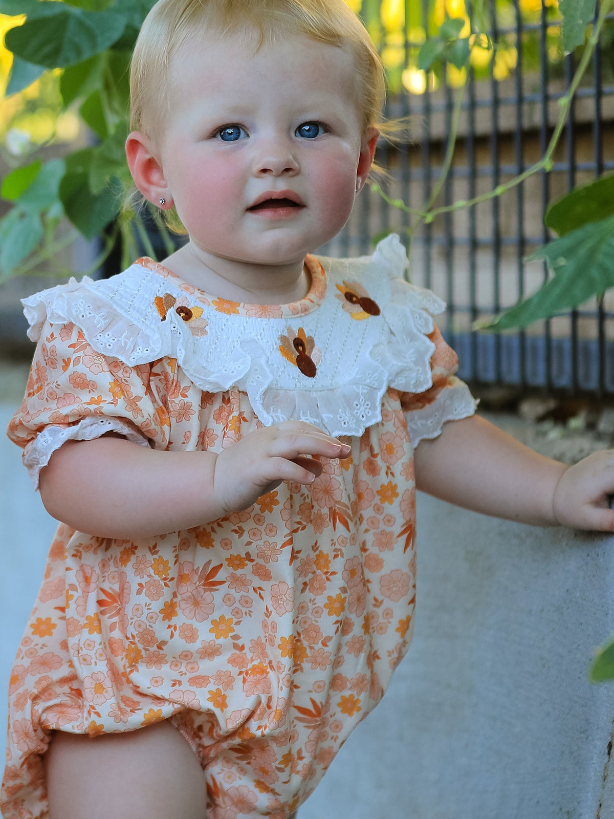 Thanksgiving Turkey Floral Lace Bubble Girls Romper by Rylee Faith Designs