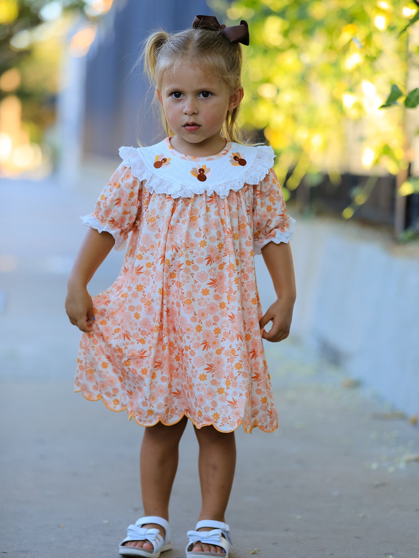 Polyester Blend Girls Dress, Thanksgiving Turkey Floral Lace Ruffle