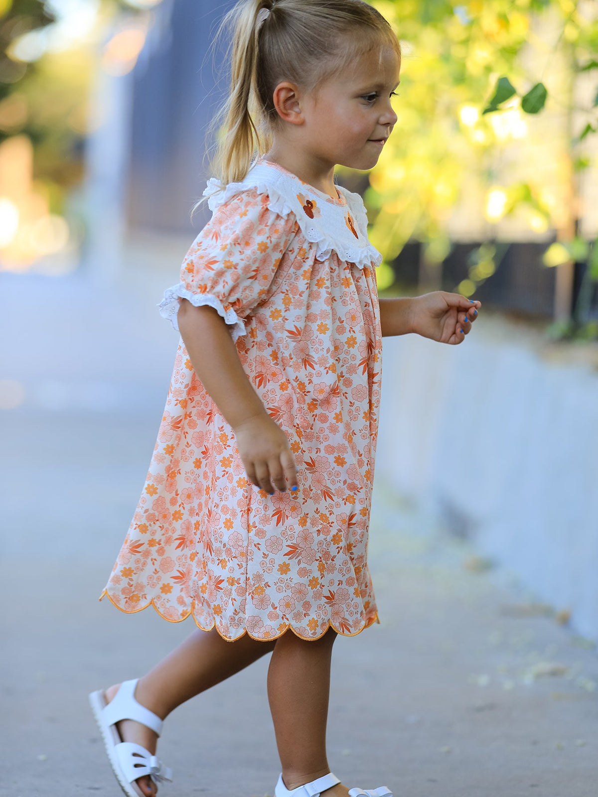 Polyester Blend Girls Dress, Thanksgiving Turkey Floral Lace Ruffle by Rylee Faith Designs