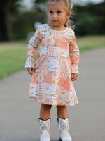 Polyester Spandex Girls Dress, Patchwork, Pumpkin Print, Long Sleeves by Rylee Faith Designs