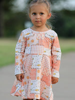 Girls long-sleeve patchwork dress with fall pumpkin print