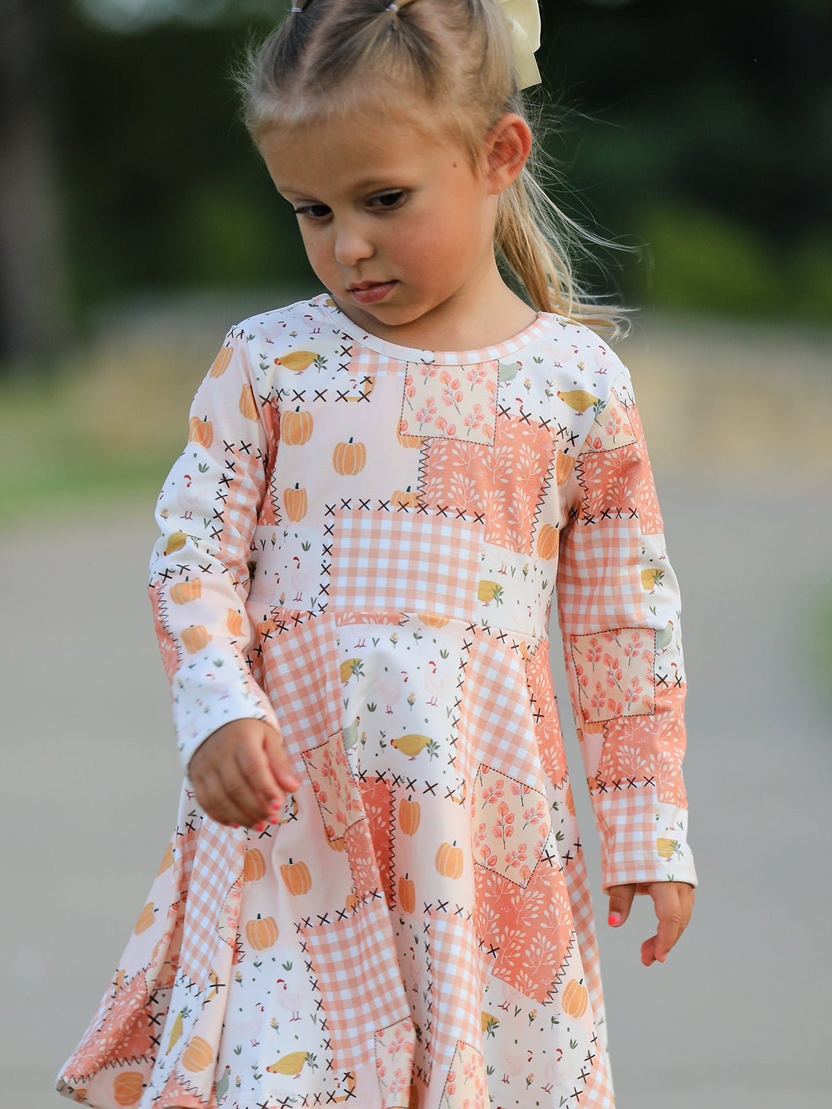 Polyester Spandex Girls Dress, Patchwork, Pumpkin Print, Long Sleeves by Rylee Faith Designs