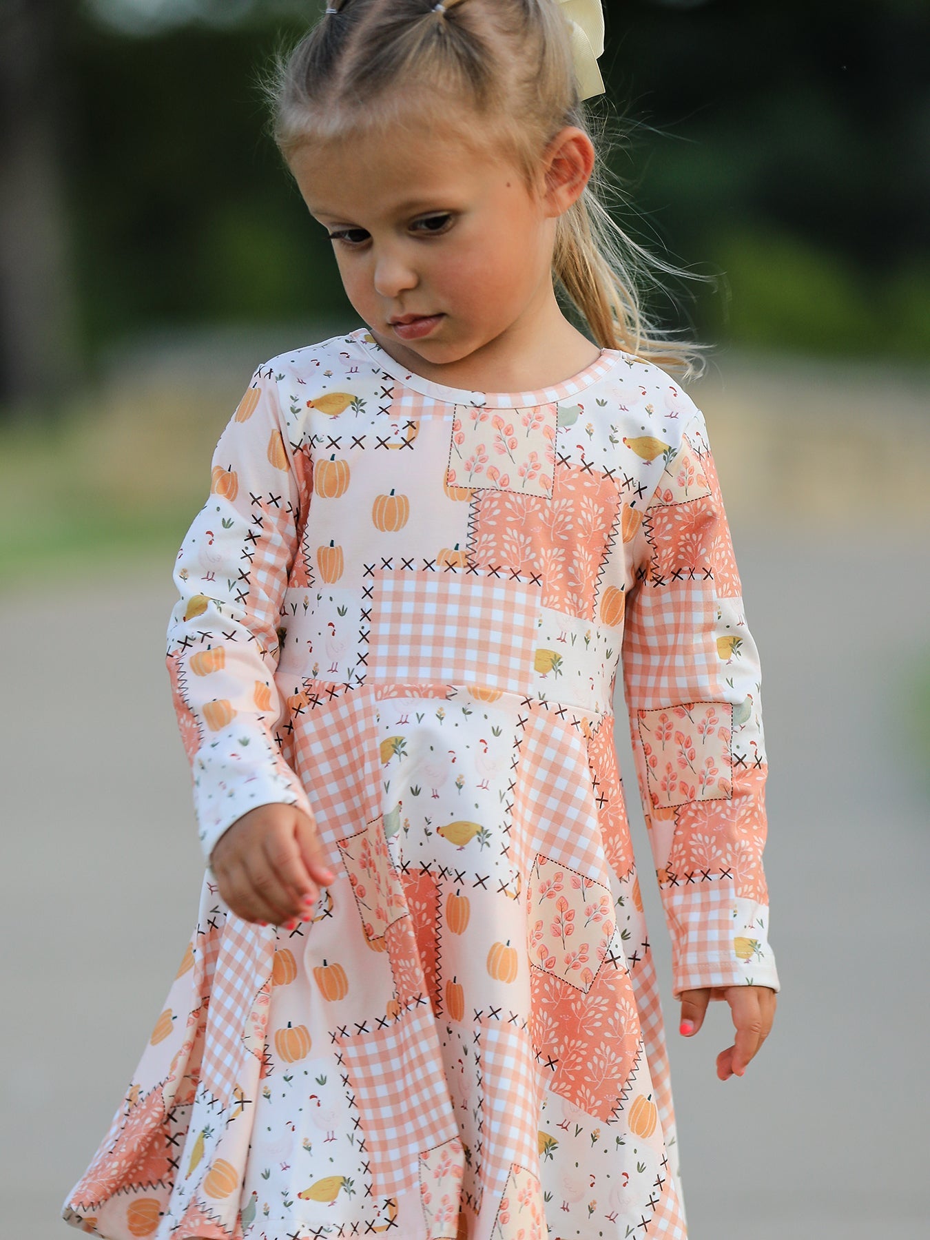 Polyester Spandex Girls Dress, Patchwork, Pumpkin Print, Long Sleeves by Rylee Faith Designs