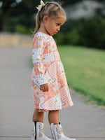 Polyester Spandex Girls Dress, Patchwork, Pumpkin Print, Long Sleeves by Rylee Faith Designs