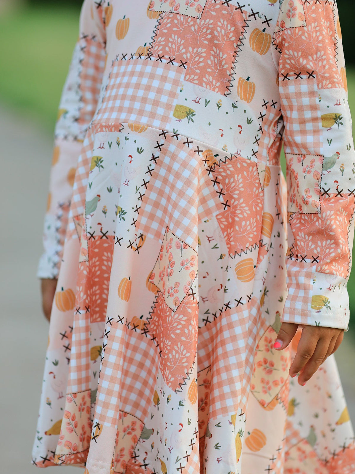 Polyester Spandex Girls Dress, Patchwork, Pumpkin Print, Long Sleeves by Rylee Faith Designs