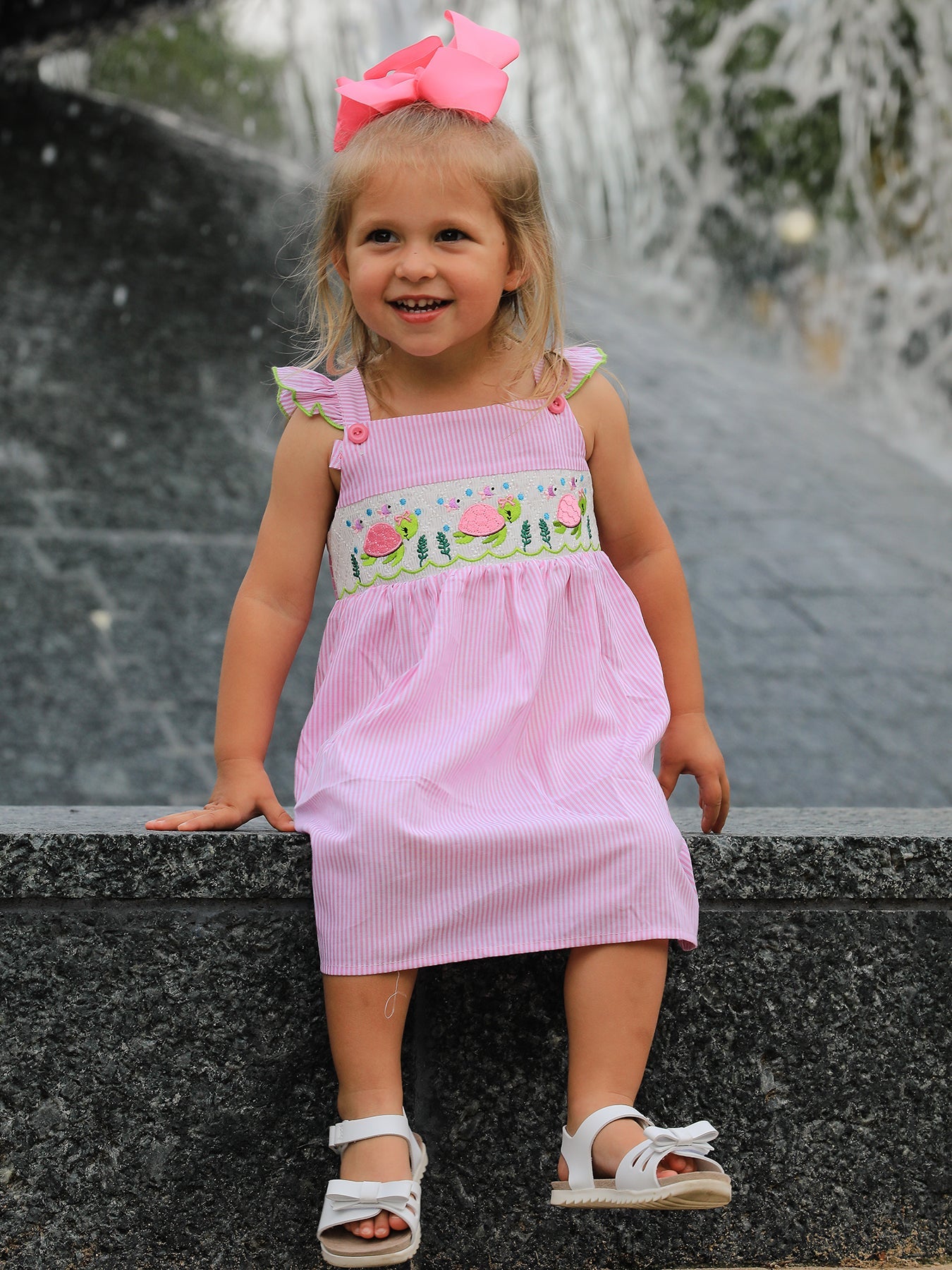 Organic Turtle Girls Dress Pink Stripe Ruffle Strap by Rylee Faith Designs at Everetts Place