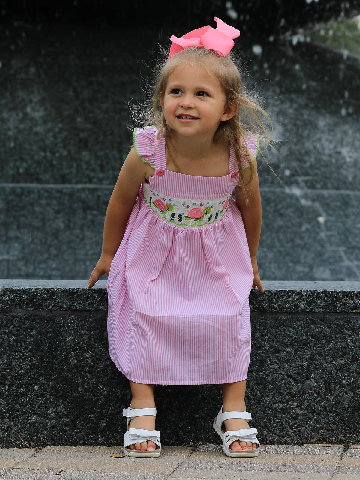 Organic Turtle Girls Dress Pink Stripe Ruffle Strap by Rylee Faith Designs at Everetts Place