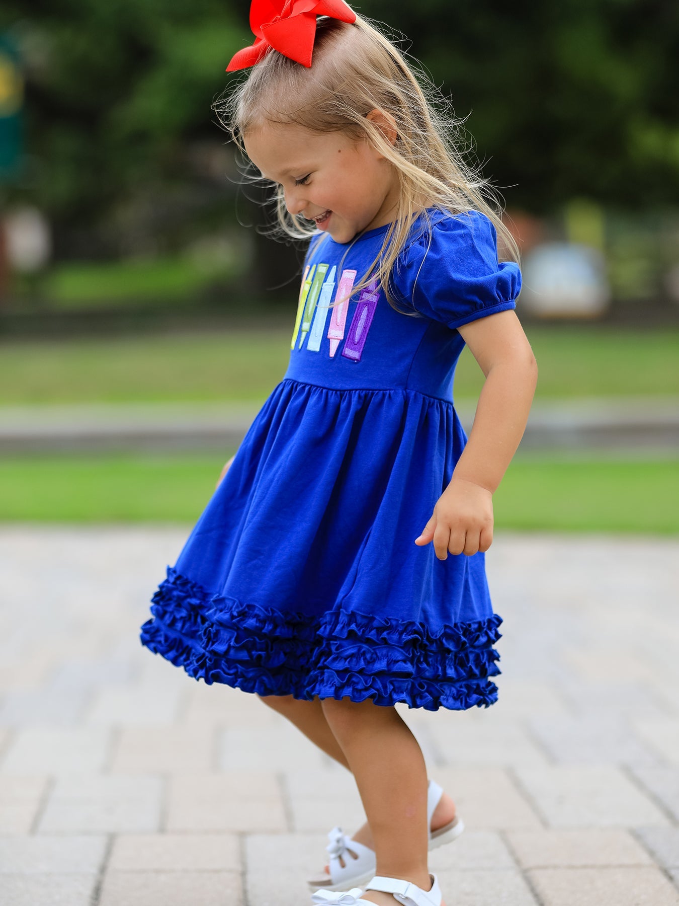Girls Back To School Crayon Twirl Dress Ruffle Applique by Rylee Faith Designs at Everetts Place