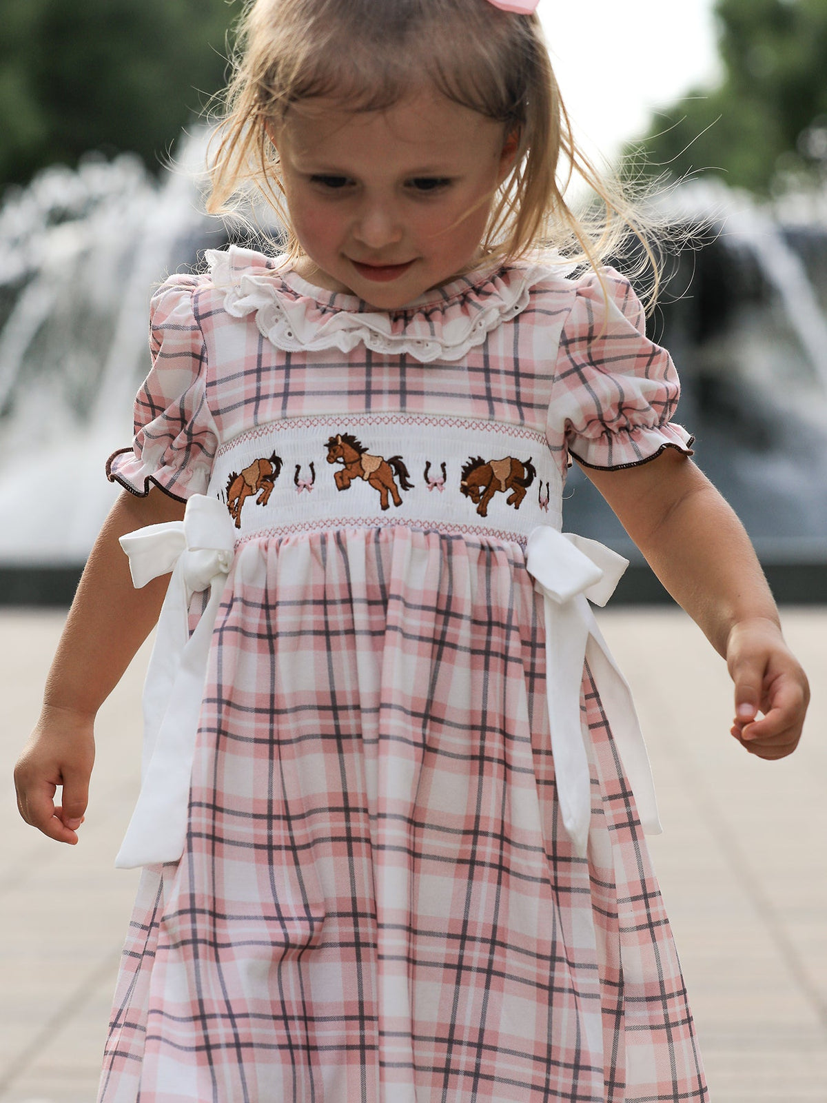 Western Horse Embroidered Smocked Plaid Girls Dress by Rylee Faith Designs at Everetts Place