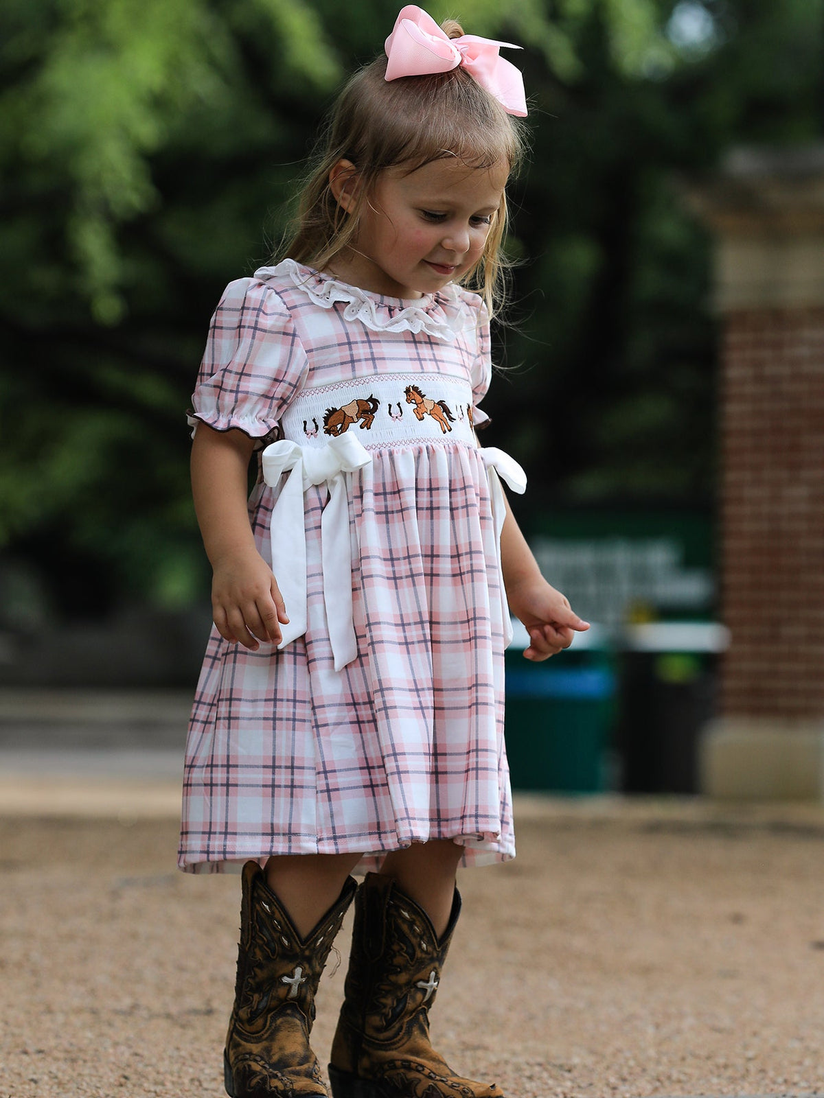 Western Horse Embroidered Smocked Plaid Girls Dress by Rylee Faith Designs at Everetts Place