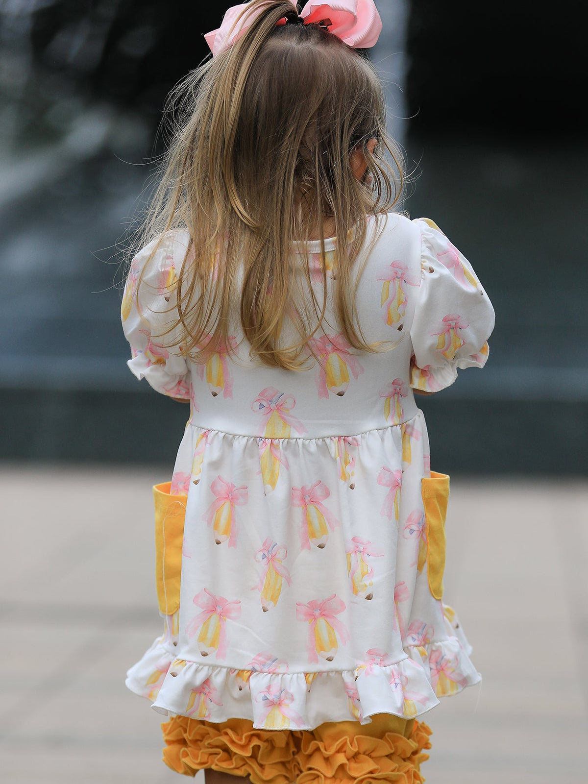 Girls Back To School Pencil Bow Pocket Ruffle Top Shorts Set by Rylee Faith Designs at Everetts Place