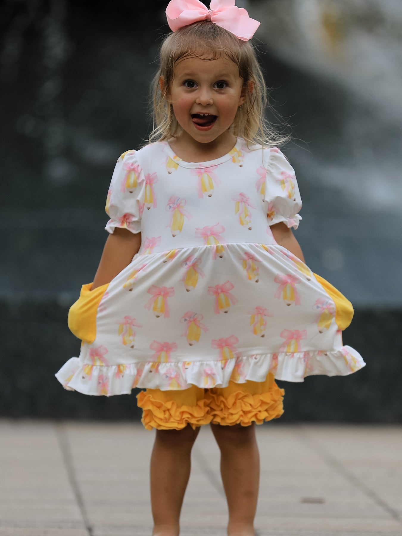 Girls Back To School Pencil Bow Pocket Ruffle Top Shorts Set by Rylee Faith Designs at Everetts Place