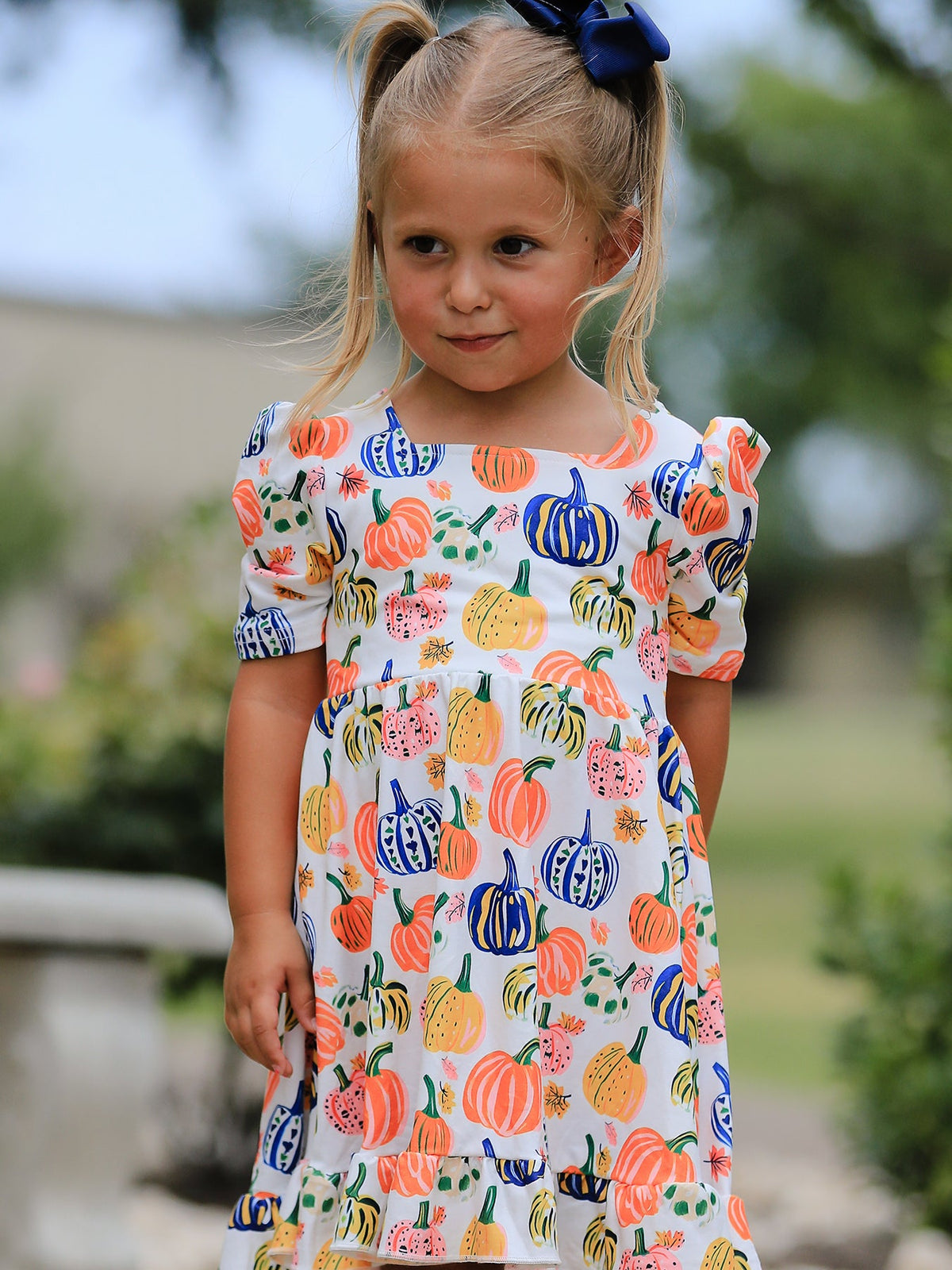 Pumpkin Print Polyester Spandex Girls Ruffle Hem Dress by Rylee Faith Designs (view 2 of 10)