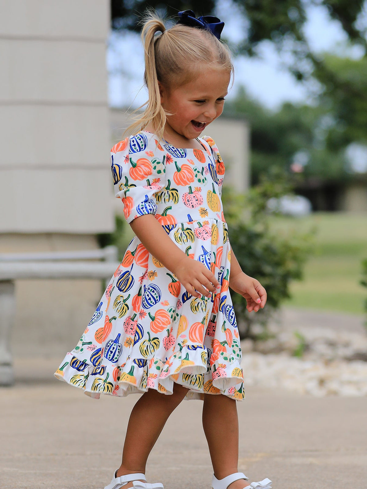 Pumpkin Print Polyester Spandex Girls Ruffle Hem Dress by Rylee Faith Designs (view 3 of 10)