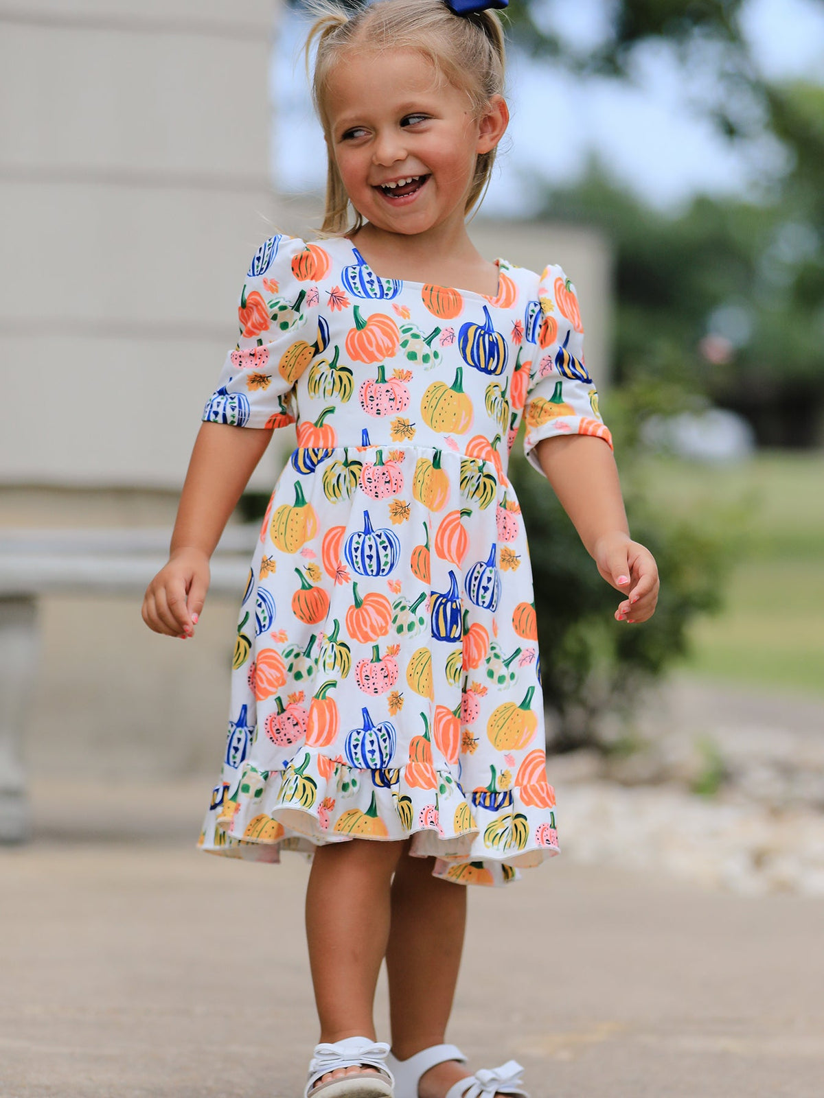 Pumpkin Print Polyester Spandex Girls Ruffle Hem Dress by Rylee Faith Designs (view 4 of 10)