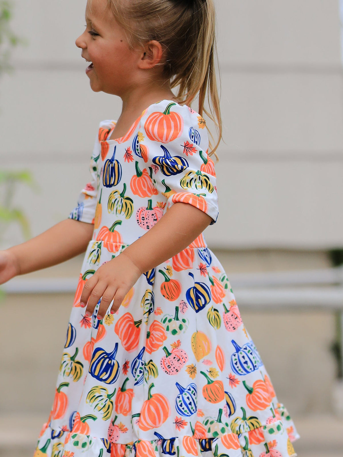 Pumpkin Print Polyester Spandex Girls Ruffle Hem Dress by Rylee Faith Designs (view 5 of 10)