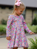 Girls long sleeve twirl dress with retro-inspired floral pattern