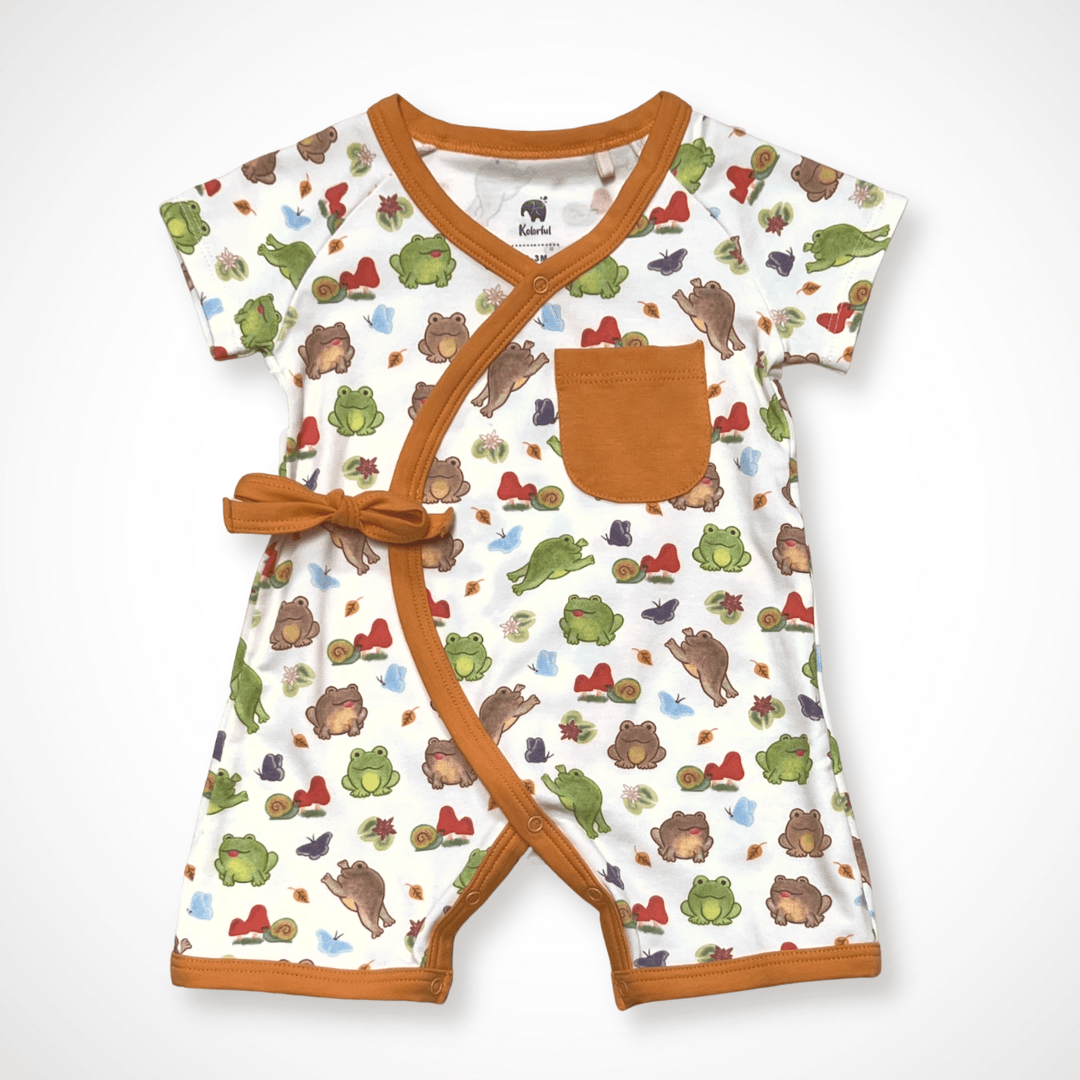Short-sleeve baby kimono romper with wrap front, snap closures and a colorful frog print