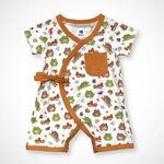 Short-sleeve baby kimono romper with wrap front, snap closures and a colorful frog print