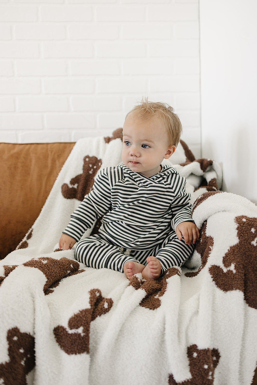 Ribbed Cotton Blend Hooded Set - Charcoal Stripe