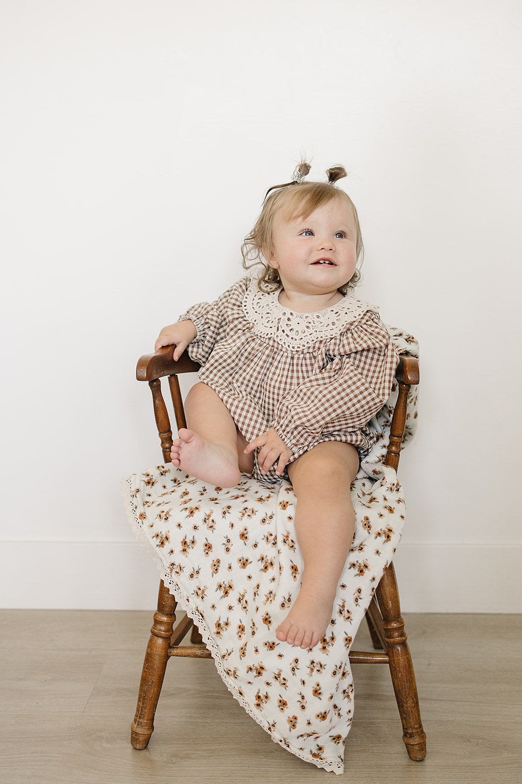 Cotton Gingham Lace Bubble Romper - Long Sleeve