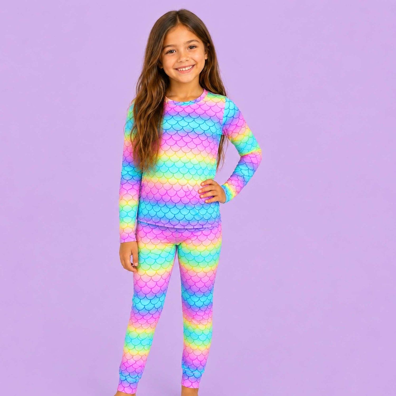 Long-sleeve kids pajama set with a mermaid print top and matching pants