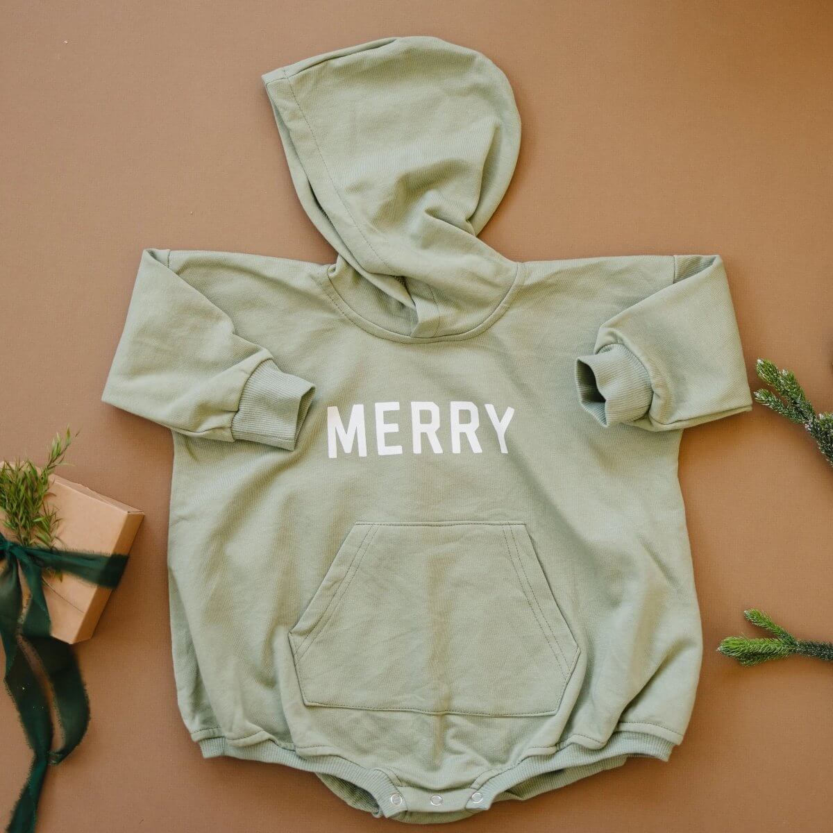 Little Joy Co. Merry Hooded Sweatshirt Romper - Sage - Everetts Place Boutique - 