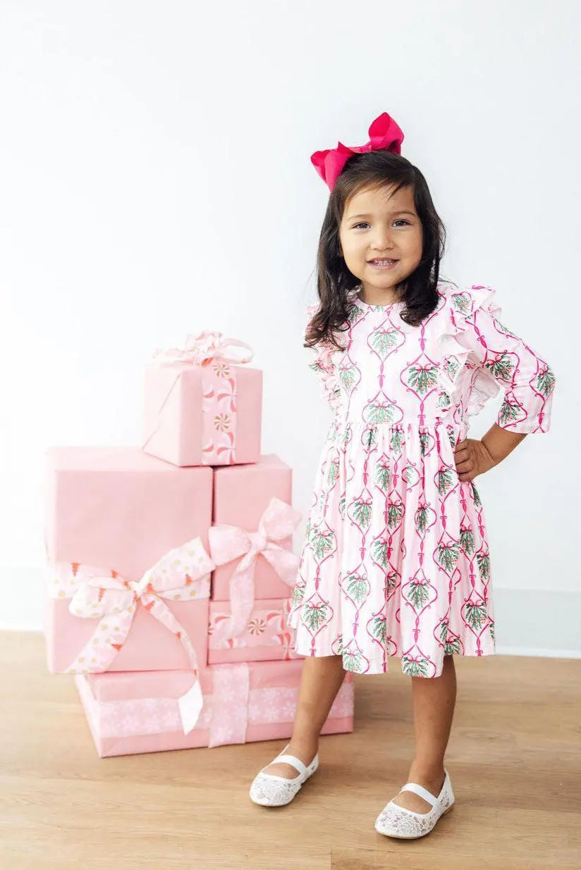 Merry Mistletoe Ruffle Twirl Dress Three Quarter Sleeve Mila & Rose ® Everetts Place: Online Boutique