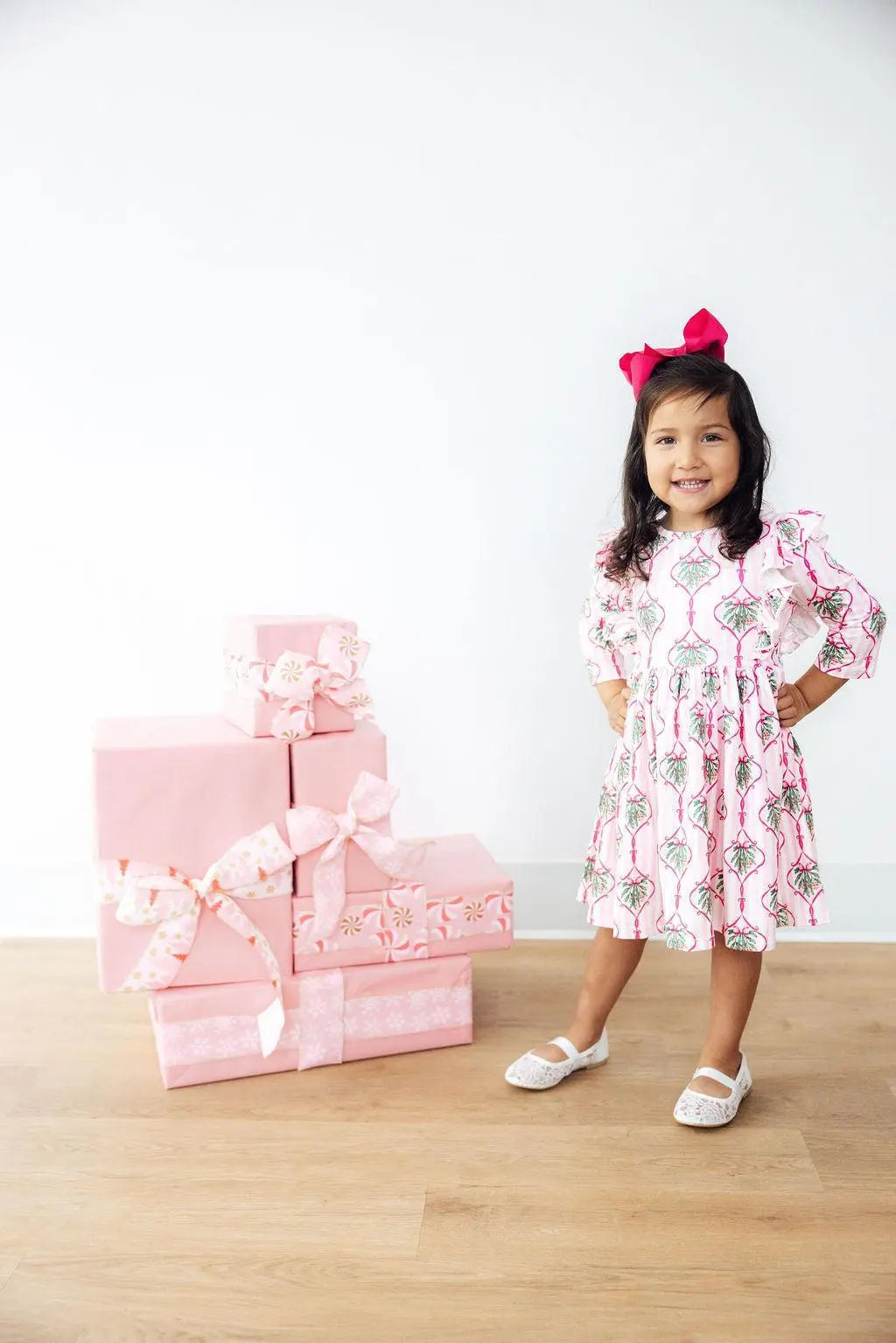 Merry Mistletoe Ruffle Twirl Dress Three Quarter Sleeve Mila & Rose ® Everetts Place: Online Boutique