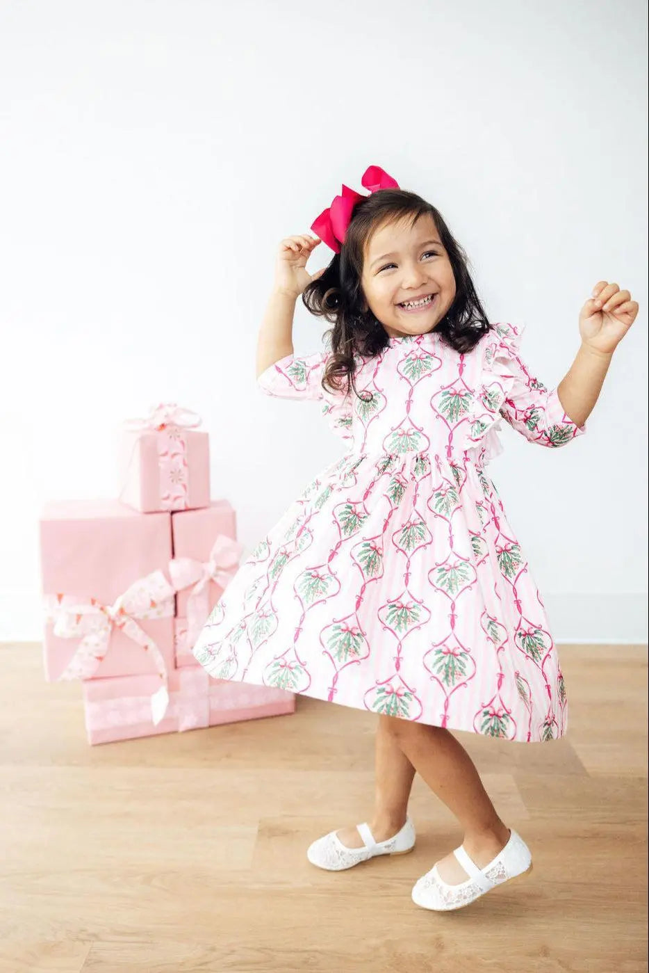 Merry Mistletoe Ruffle Twirl Dress Three Quarter Sleeve Mila & Rose ® Everetts Place: Online Boutique
