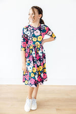 Midnight Floral Twirl Dress Pockets Three Quarter Sleeve Mila & Rose ® Everetts Place: Online Boutique