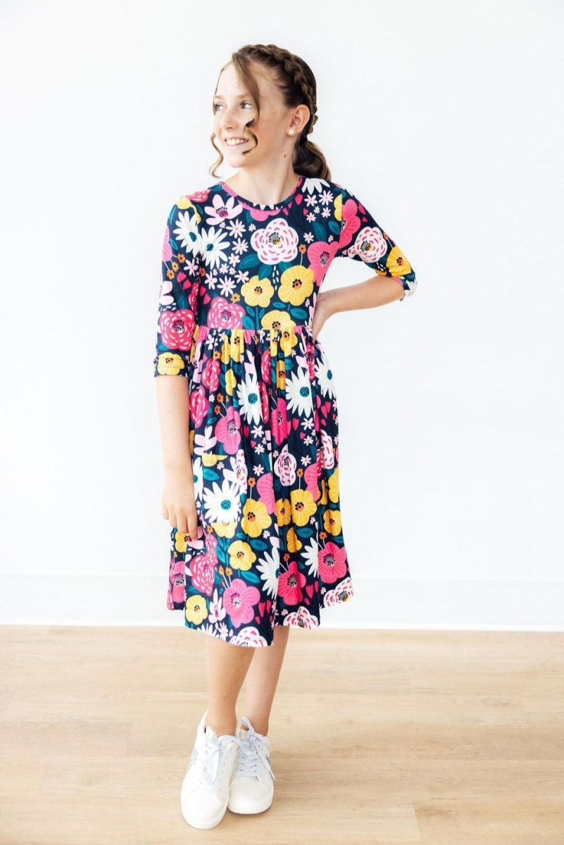 Mila & Rose ® Midnight Floral Twirl Dress Pockets Three Quarter Sleeve - Everetts Place Boutique - 