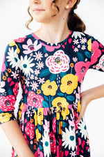 Midnight Floral Twirl Dress Pockets Three Quarter Sleeve Mila & Rose ® Everetts Place: Online Boutique