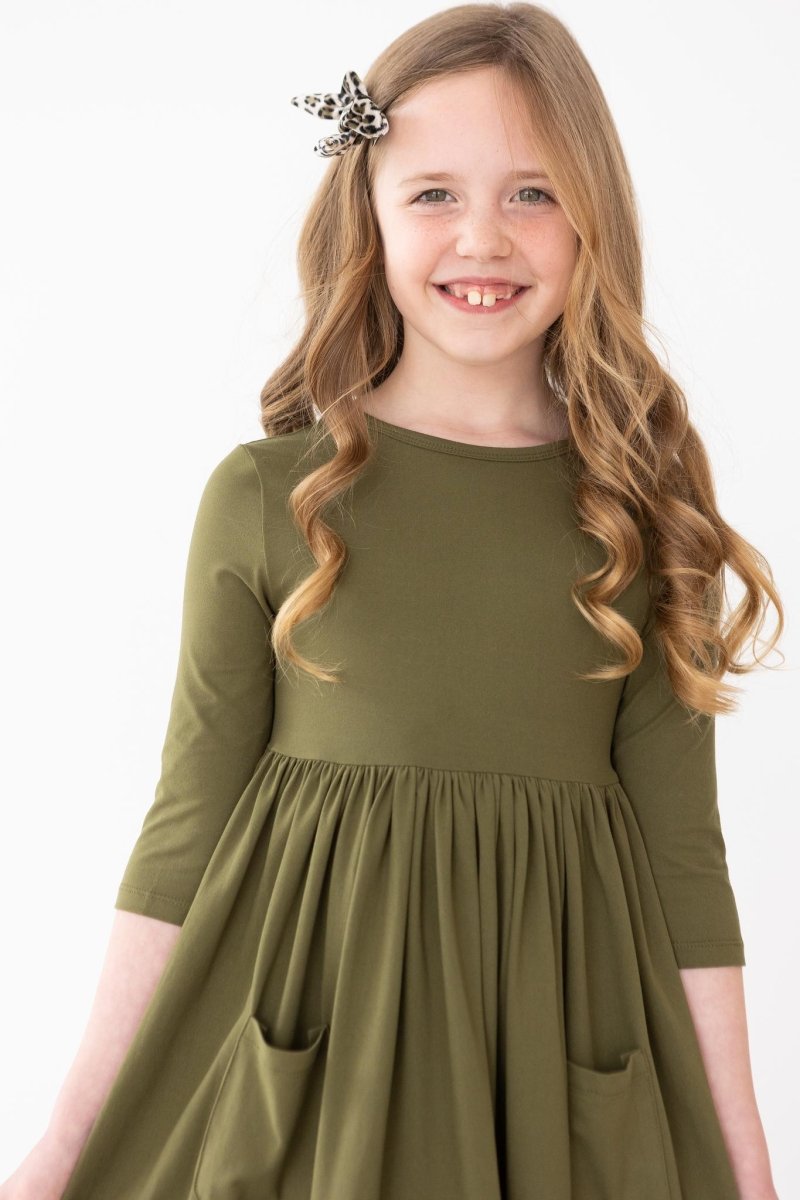 Mila & Rose ® Mila Rose Olive Three Quarter Sleeve Pocket Twirl Dress - Everetts Place Boutique - 
