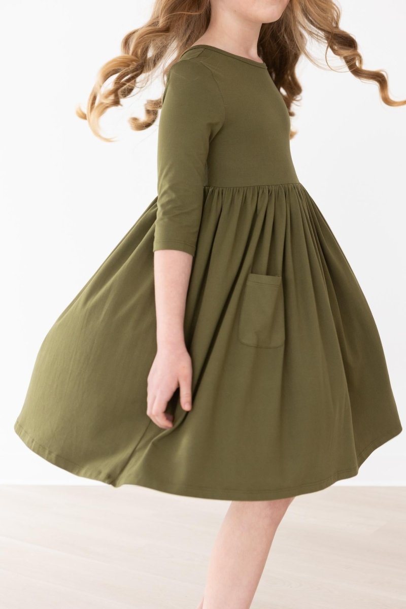 Mila & Rose ® Mila Rose Olive Three Quarter Sleeve Pocket Twirl Dress - Everetts Place Boutique - 