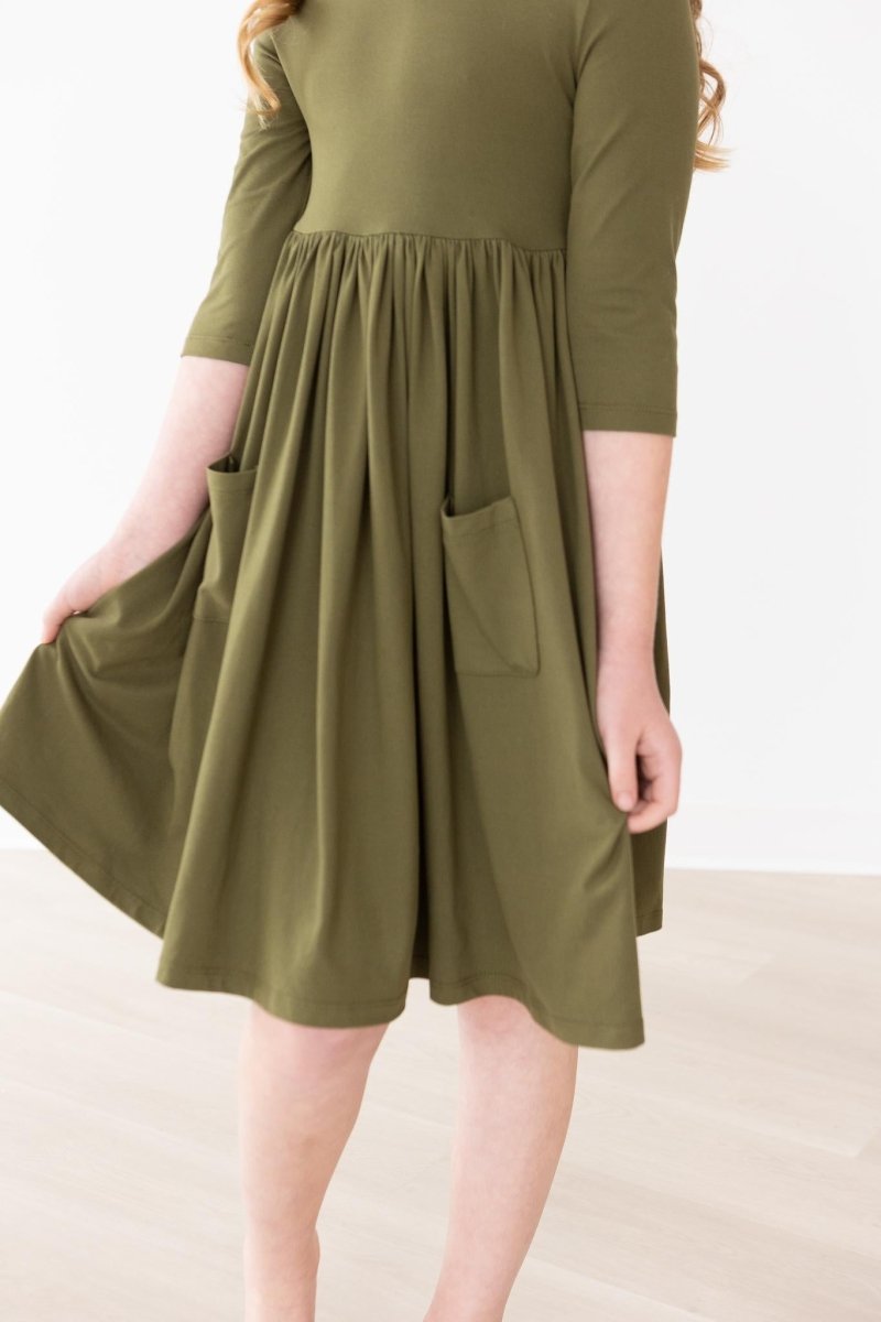 Mila & Rose ® Mila Rose Olive Three Quarter Sleeve Pocket Twirl Dress - Everetts Place Boutique - 