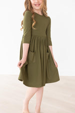 Mila & Rose ® Mila Rose Olive Three Quarter Sleeve Pocket Twirl Dress - Everetts Place Boutique - 