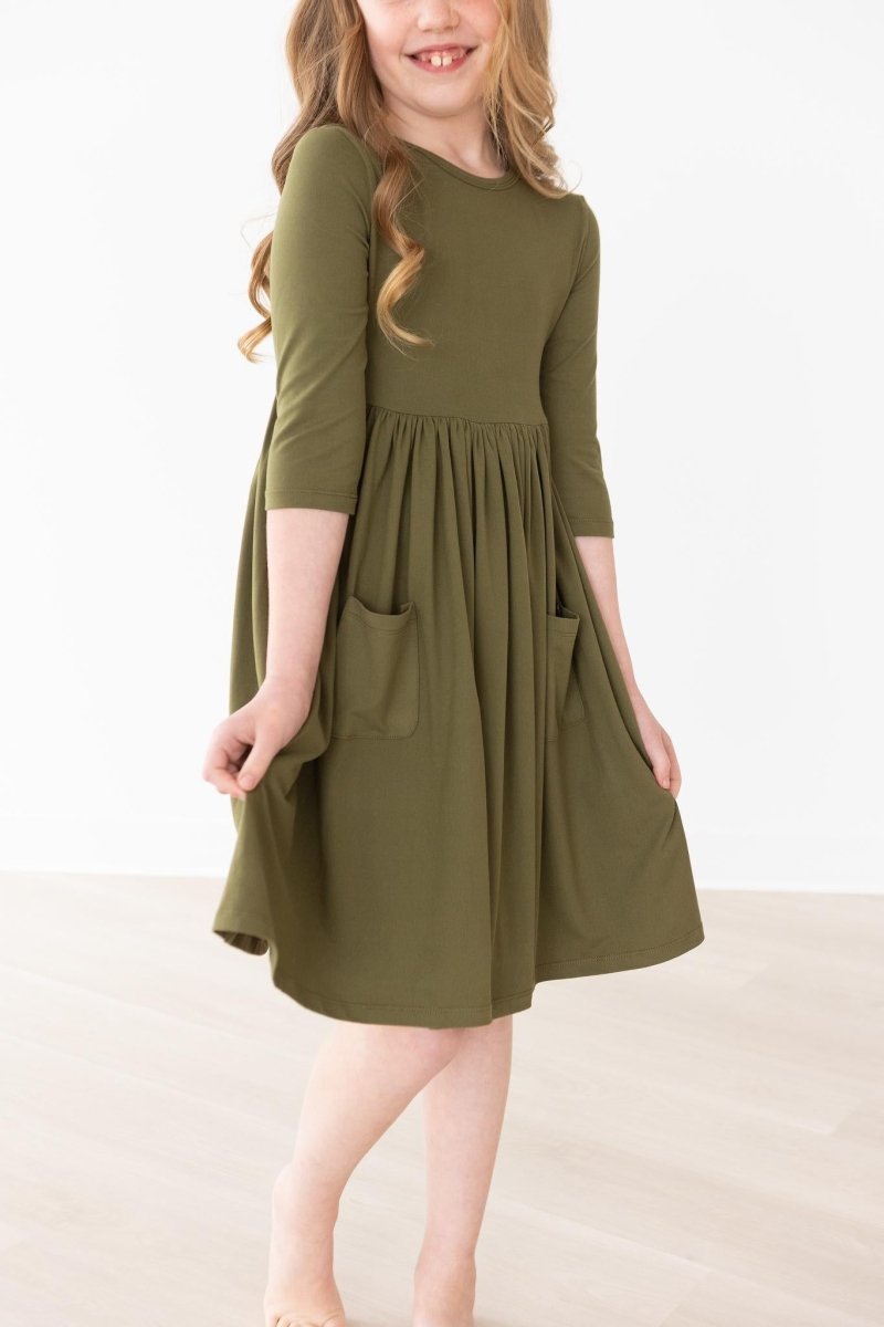 Mila & Rose ® Mila Rose Olive Three Quarter Sleeve Pocket Twirl Dress - Everetts Place Boutique - 