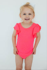 Mila & Rose ® Mila and Rose Neon Pink Flutter Sleeve Leotard for Girls - Everetts Place Boutique - 