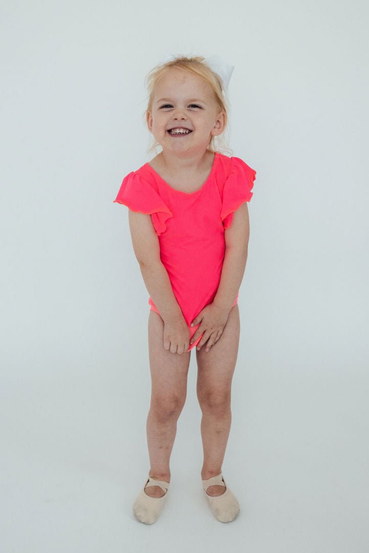Mila & Rose ® Mila and Rose Neon Pink Flutter Sleeve Leotard for Girls - Everetts Place Boutique - 