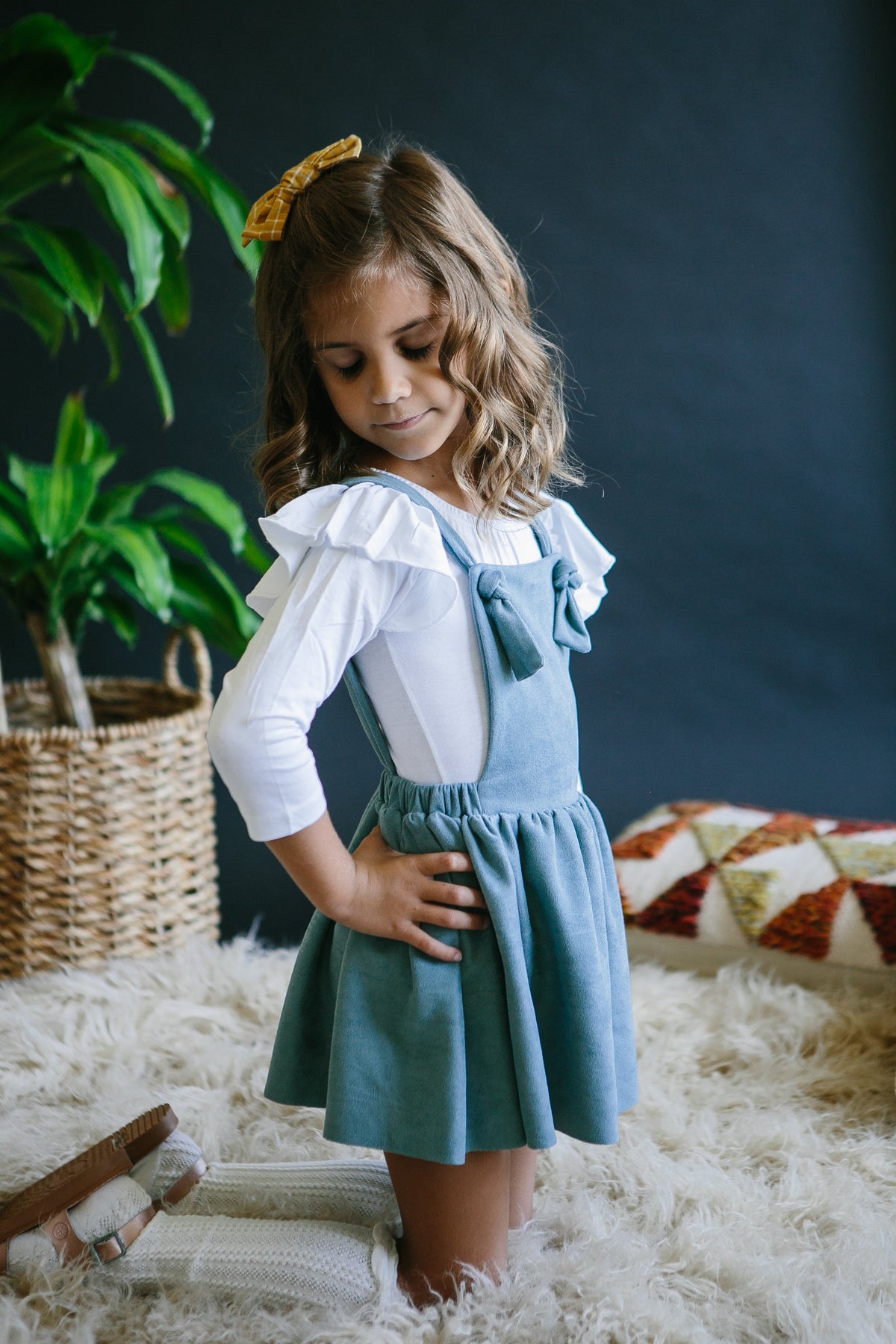 Vintage blue faux suede pinafore dress with crossback adjustable straps